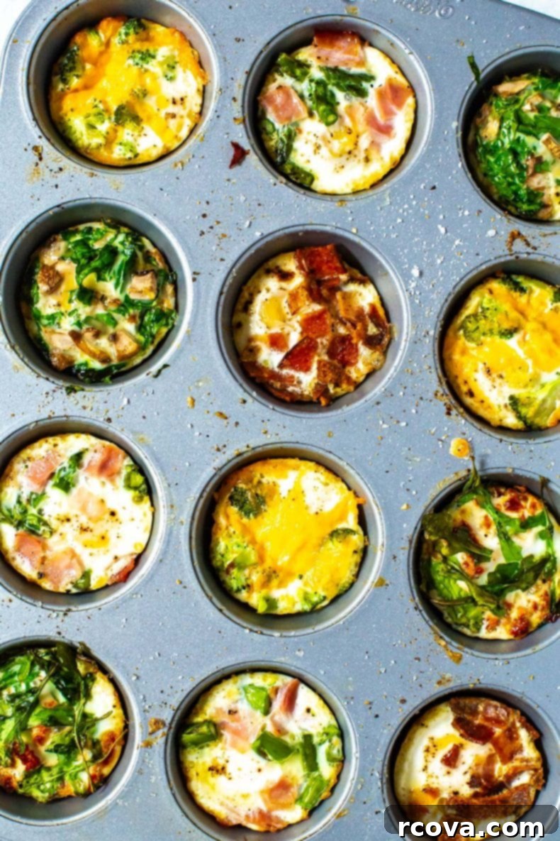 Make-Ahead Egg Bakes 7 A beautiful spread showcasing 'Baked Eggs 5 Ways,' featuring various muffin-sized baked eggs, each with unique toppings and flavors, demonstrating the versatility of the recipe.