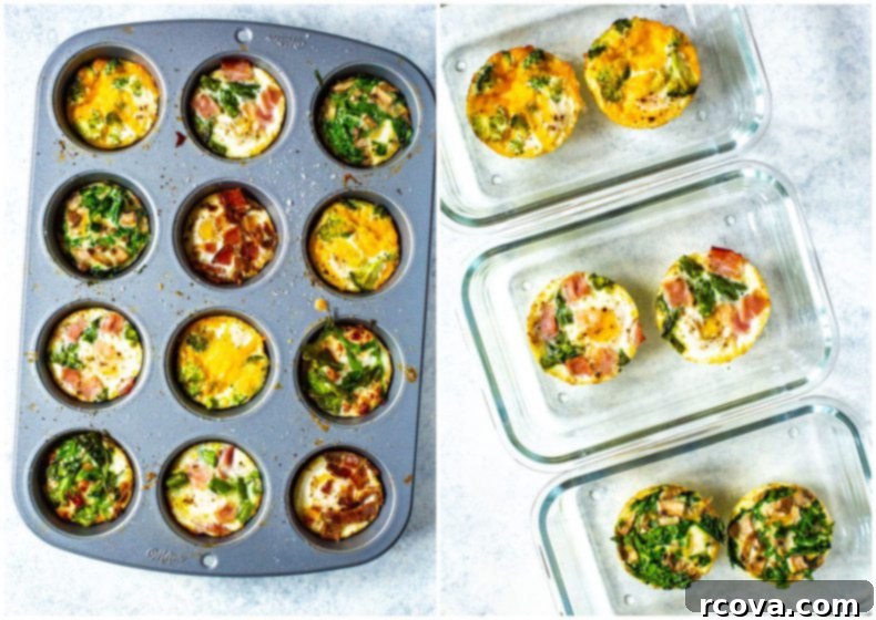 Make-Ahead Egg Bakes 8 A comprehensive collage showing a muffin tin full of various baked eggs, alongside three meal prep containers, each holding a pair of different flavored baked eggs, highlighting their versatility and convenience.