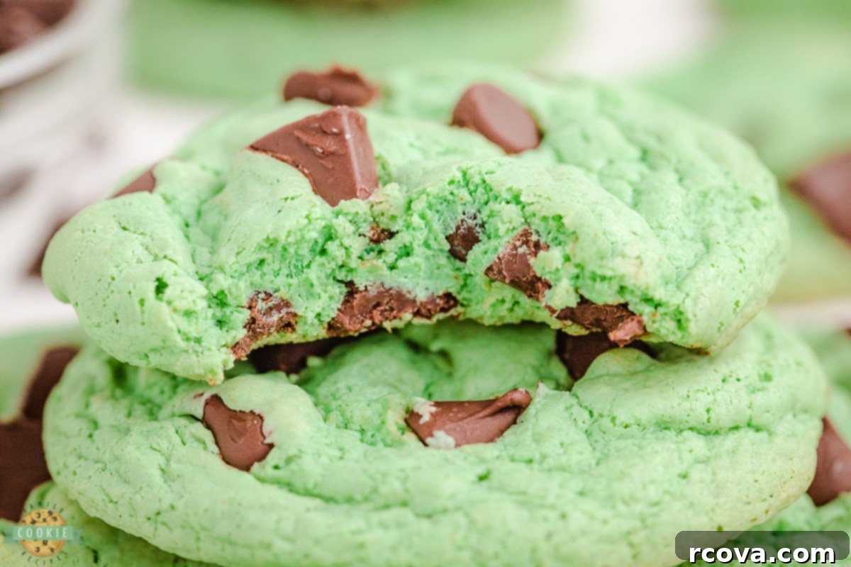 Decadent Mint Chocolate Chip Cookies 3 stack of freshly baked mint chocolate chip cookies