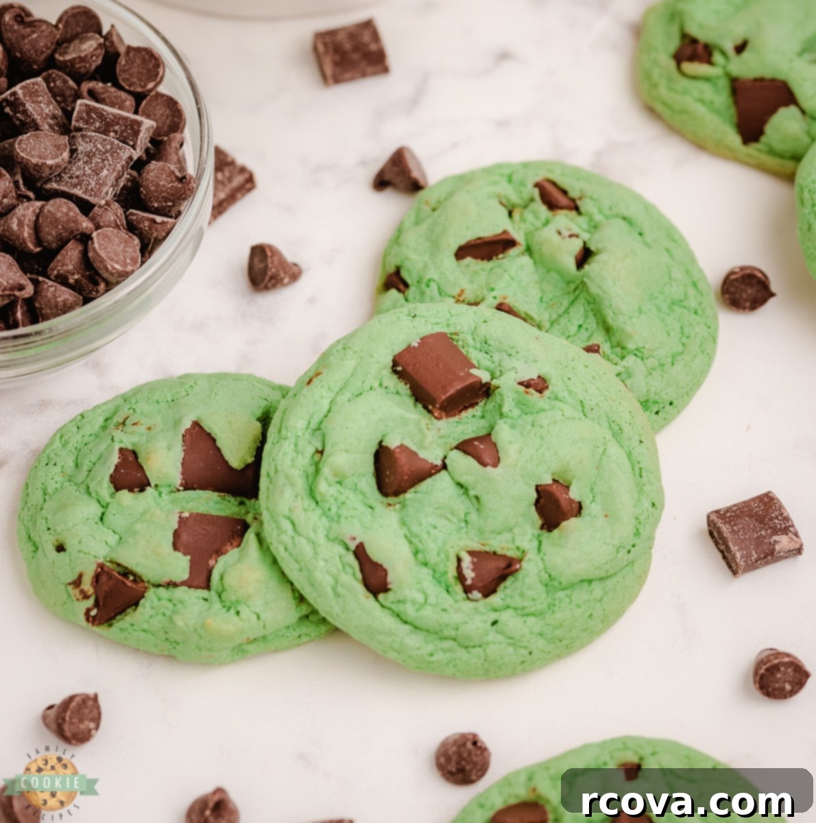 Decadent Mint Chocolate Chip Cookies 4 ingredients for mint chocolate chip cookies, including butter, sugar, flour, and chocolate chips
