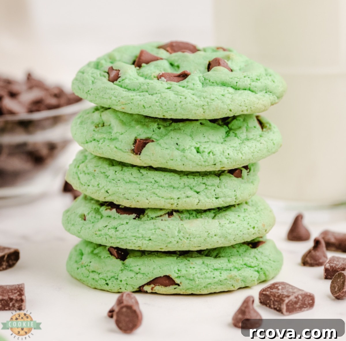 Decadent Mint Chocolate Chip Cookies 7 stack of mint chocolate chip cookies