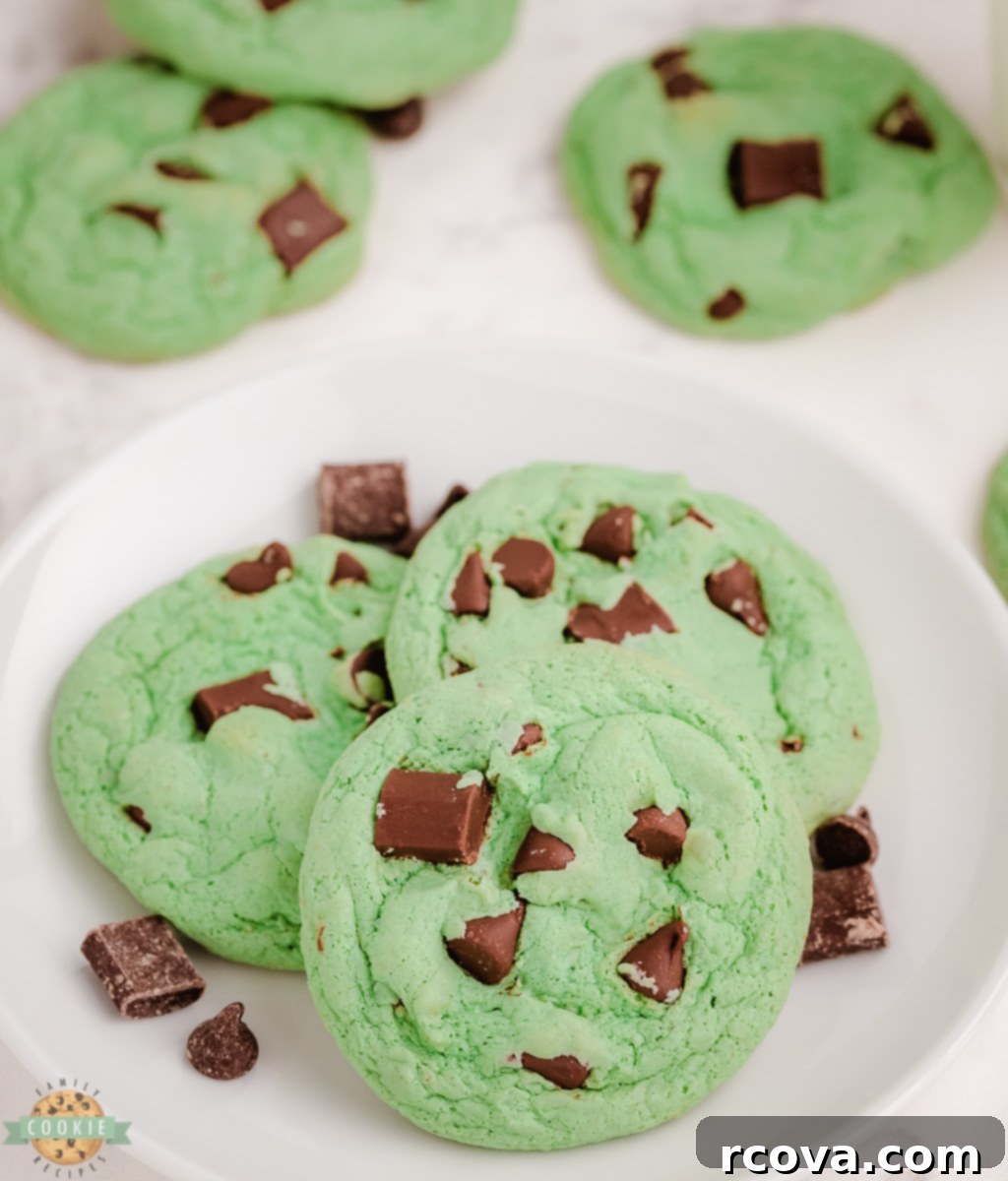 Decadent Mint Chocolate Chip Cookies 8 mint chocolate chip cookies ready to be served