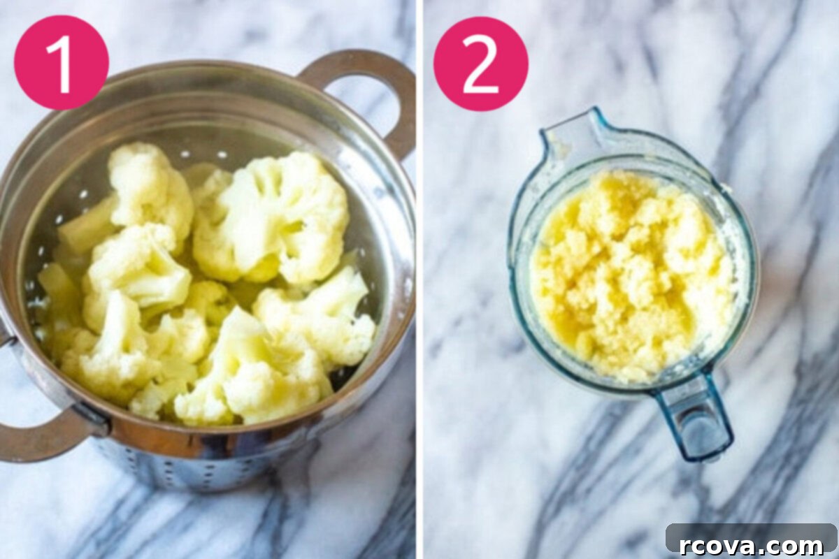 Ultimate 3-Ingredient Cauliflower Pizza Crust 5 Steps 1 and 2 for making cauliflower pizza crust: Cook cauliflower until softened, then blend it in a food processor.