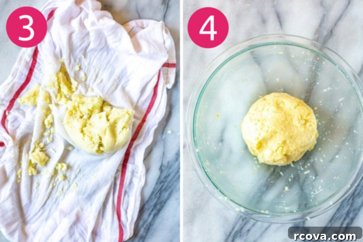 Ultimate 3-Ingredient Cauliflower Pizza Crust 6 Steps 3 and 4 for making cauliflower pizza crust: Squeeze out excess water from the blended cauliflower and then mix with cheese and egg to form the dough.