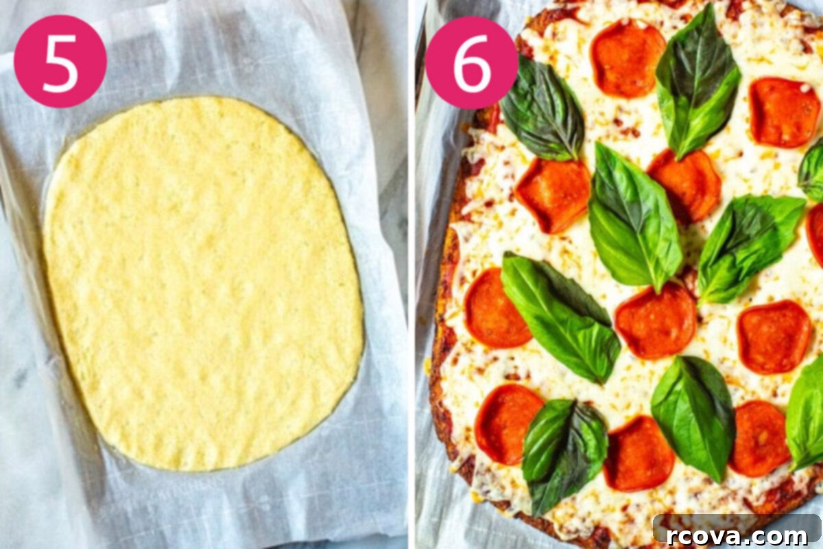 Ultimate 3-Ingredient Cauliflower Pizza Crust 7 Steps 5 and 6 for making cauliflower pizza crust: Roll out the dough and pre-bake it, then add toppings and bake again until cheese is melted.
