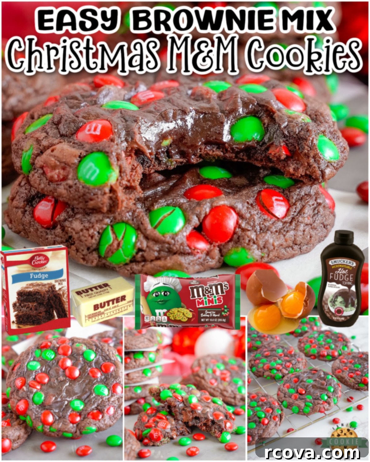 Christmas M&M Brownie Cookies 7 Christmas Brownie M&M Cookies are a festive twist on the classic made with a brownie mix, butter, eggs, chocolate chips and holiday candies!