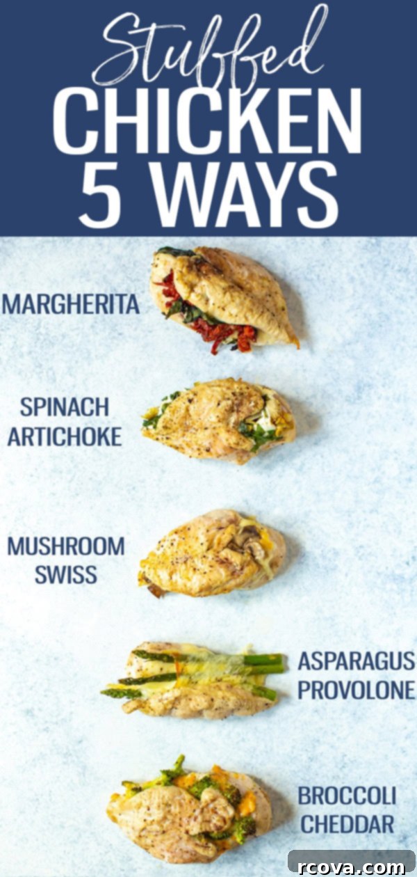 The 5 Must-Try Stuffed Chicken Breast Recipes 14 These Stuffed Chicken Breasts are INCREDIBLE! Try broccoli-cheddar, Margherita, spinach-artichoke, mushroom-onion or asparagus-provolone. #stuffedchicken #chickenbreast