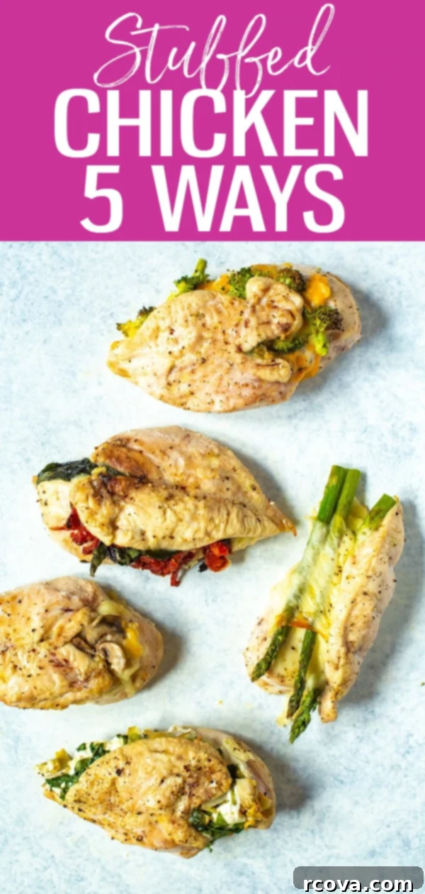 The 5 Must-Try Stuffed Chicken Breast Recipes 15 These Stuffed Chicken Breasts are INCREDIBLE! Try broccoli-cheddar, Margherita, spinach-artichoke, mushroom-onion or asparagus-provolone. #stuffedchicken #chickenbreast
