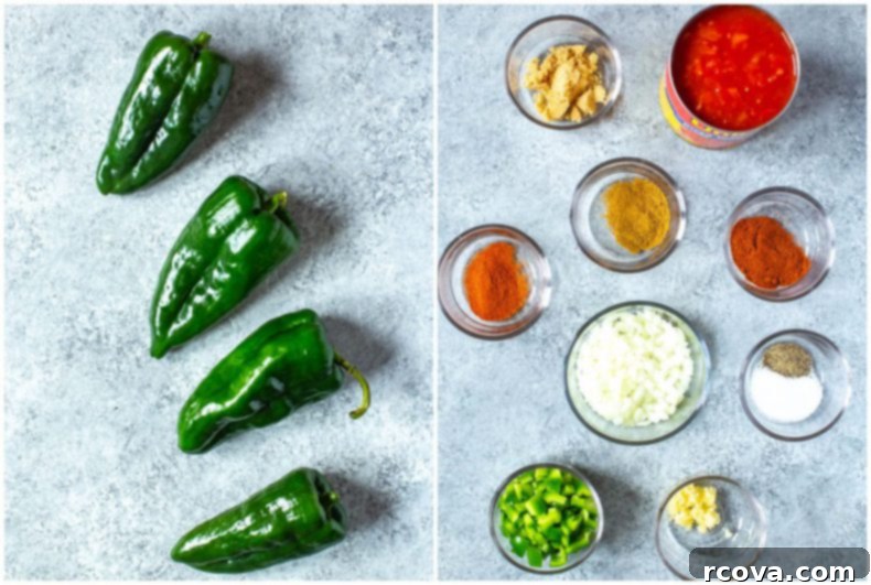 Skinny Chile Rellenos poblano peppers and ingredients to make a Chile Relleno recipe