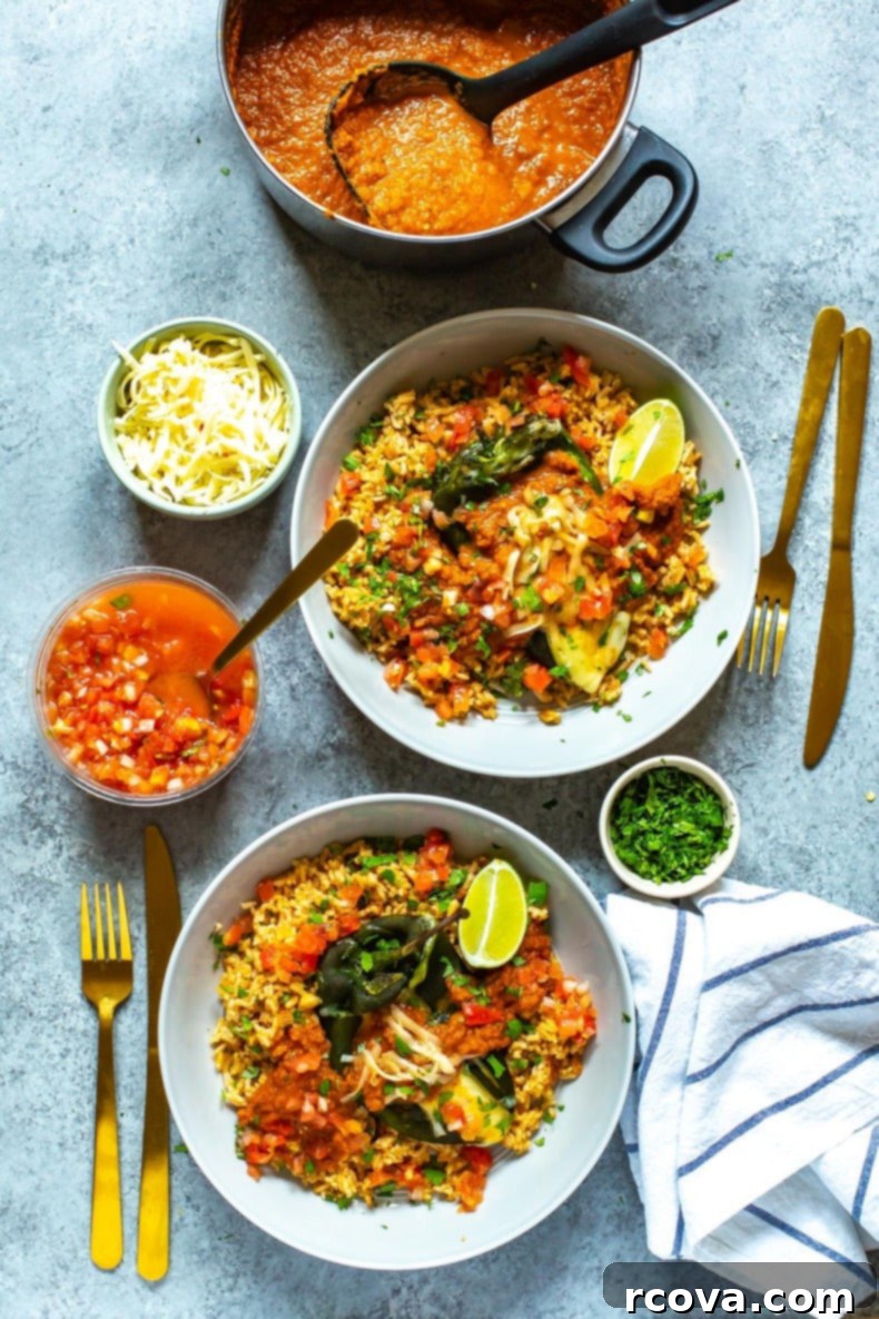 Quick & Flavorful Chile Rellenos 5 Skinny Chile Rellenos with melted cheese plated over Mexican rice with pico de gallo overtop. Bowls of cilantro, pico de gallo, cheese and red sauce on the side.