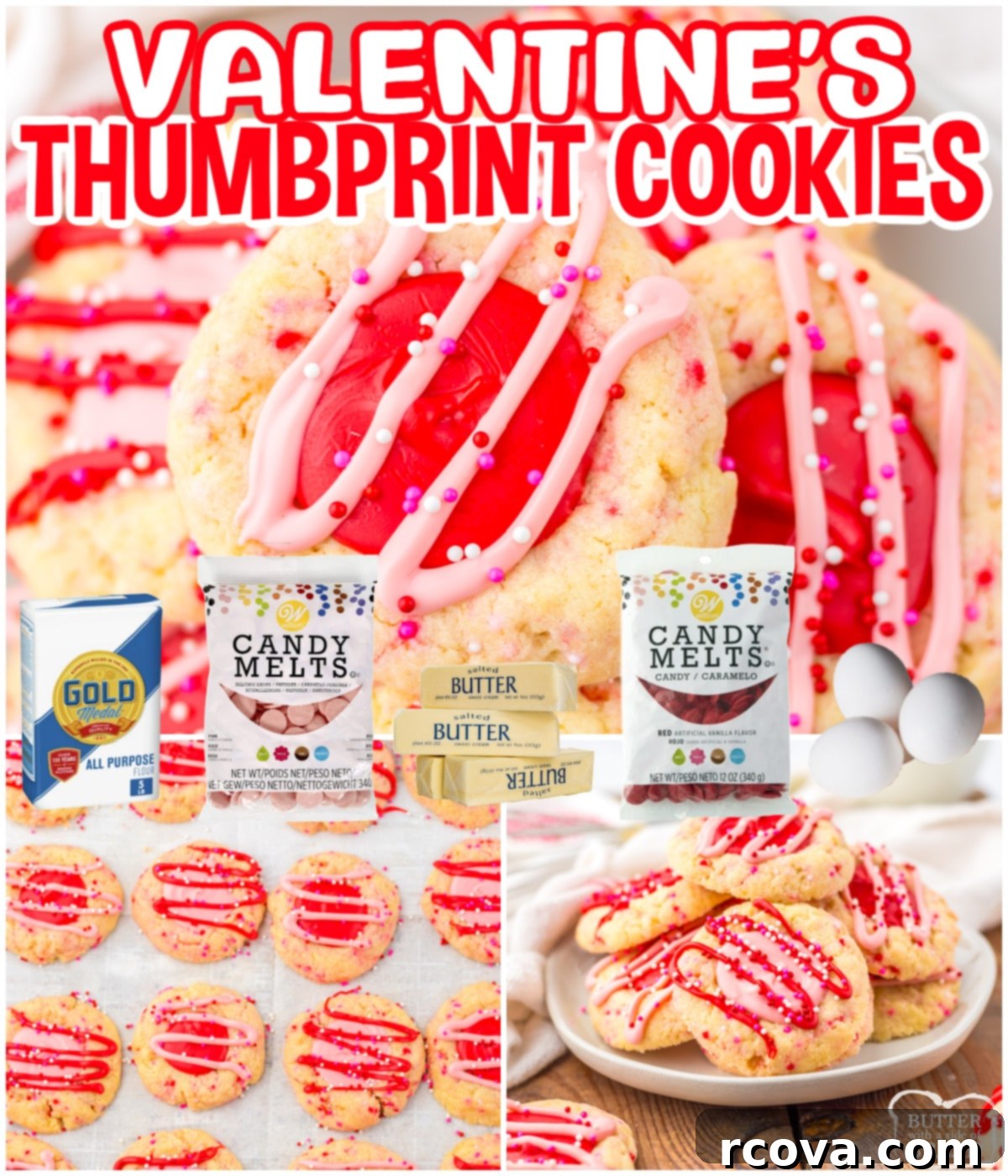 Valentines Thumbprint Cookies 11 Collage of Valentine’s Thumbprint Cookies, showing their beautiful appearance and pink and red chocolate fillings.