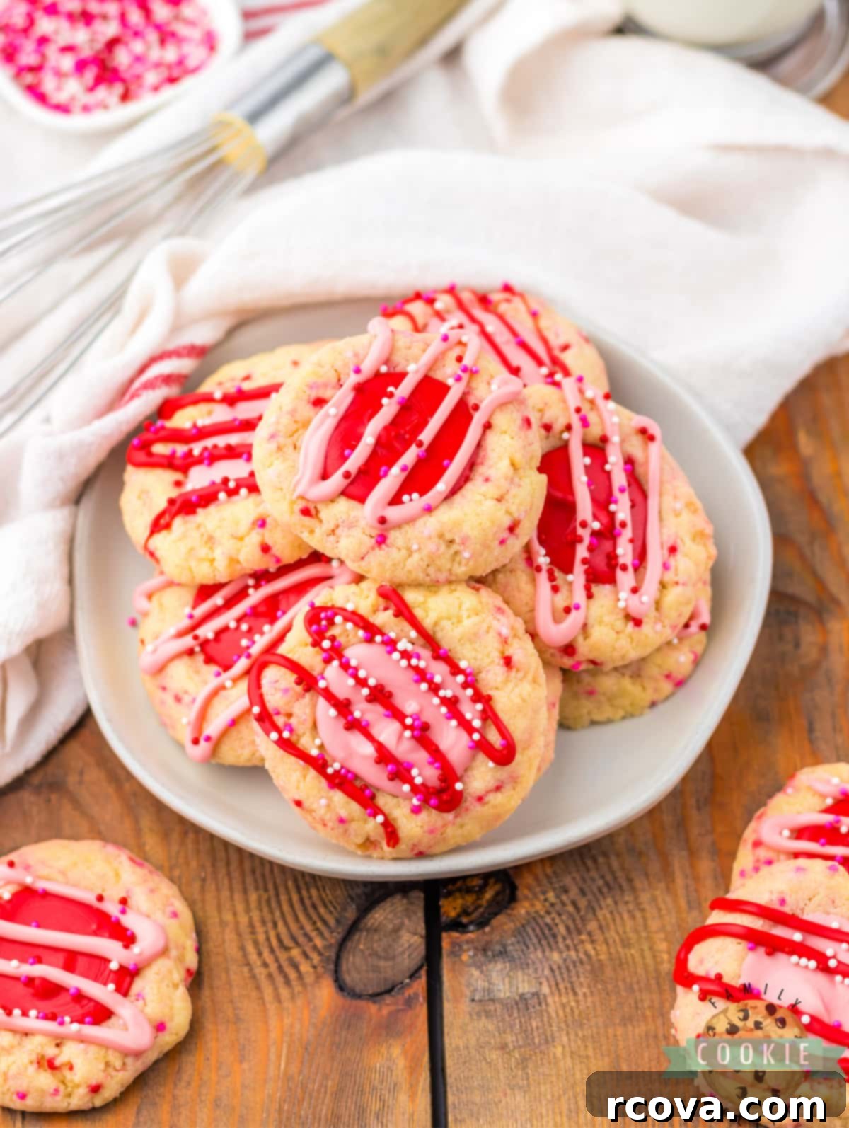 Valentines Thumbprint Cookies 13 Plate of pink and red Valentine's Thumbprint Cookies.