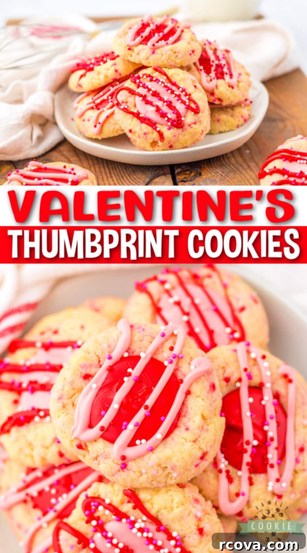 Valentines Thumbprint Cookies 16 A large pile of Valentine’s Thumbprint Cookies, showcasing the variety of pink and red chocolate fillings and festive sprinkles.