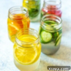 Five Fresh Takes on Lemon Water 9 Lemon Water 5 Ways in mason jars with lemon wedge water in front.