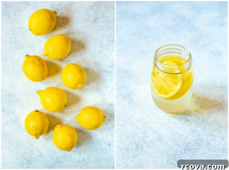 Five Fresh Takes on Lemon Water 4 fresh lemons and a glass of water with sliced lemons