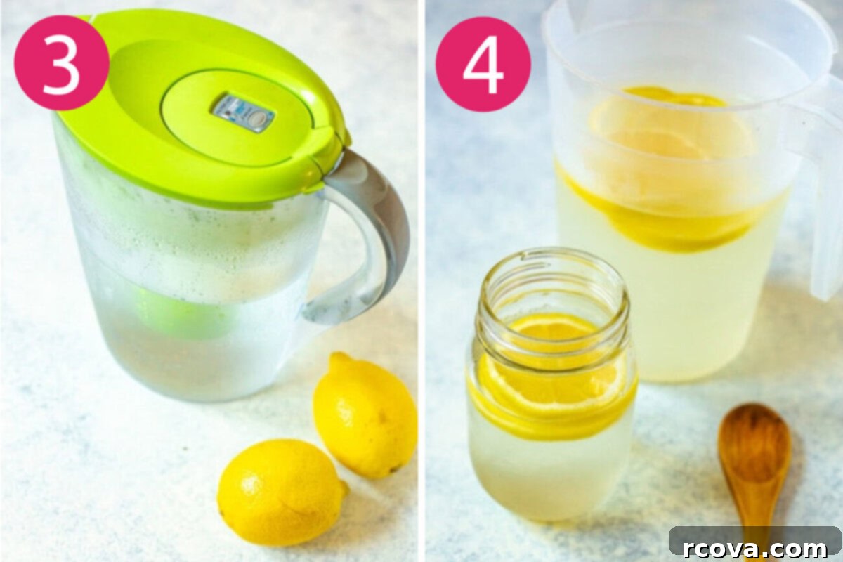 Five Fresh Takes on Lemon Water 6 Steps 3 and 4 for making lemon water: Let it sit in the fridge then serve.