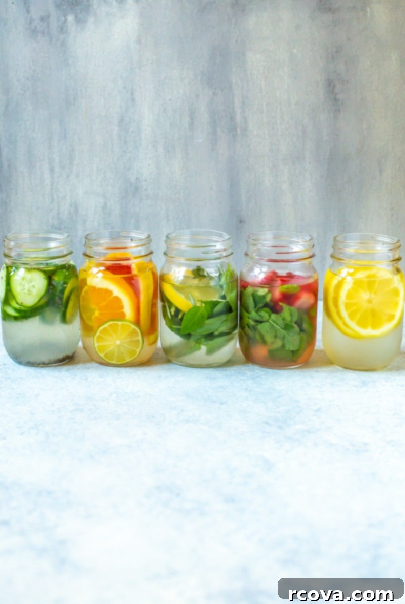 Five Fresh Takes on Lemon Water 7 5 lemon water varieties lined up against a backdrop