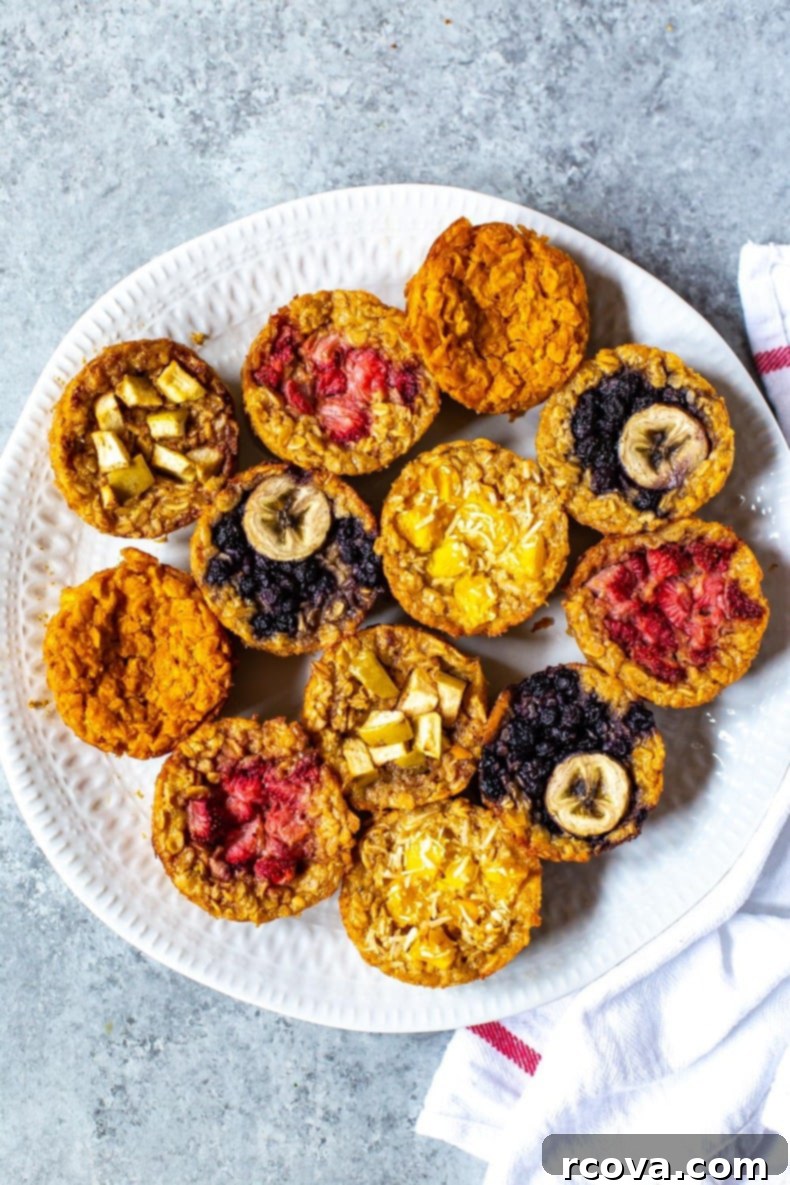 Five Flavor Baked Oatmeal Cups 2 Assortment of Meal Prep Baked Oatmeal Cups in different flavors, ready for a healthy breakfast