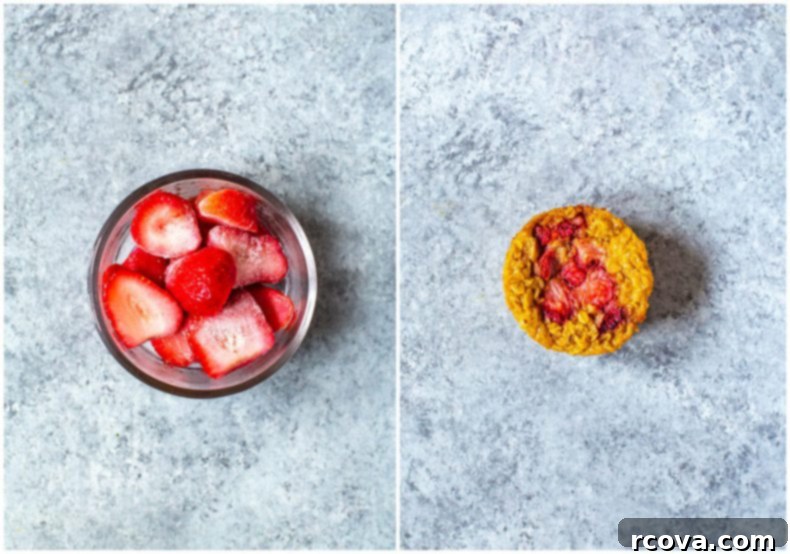 Five Flavor Baked Oatmeal Cups 12 Delicious Meal Prep Baked Oatmeal Cups topped with fresh strawberries, a sweet and wholesome breakfast idea.