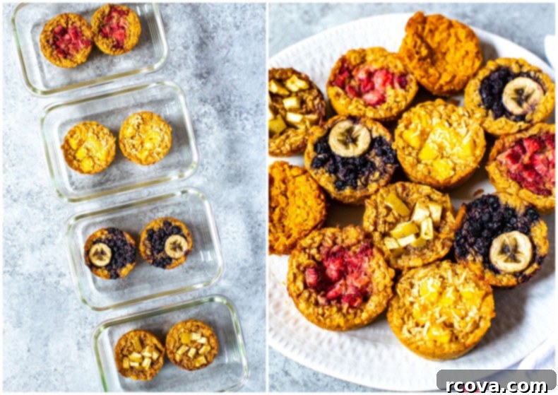 Five Flavor Baked Oatmeal Cups 13 A selection of baked oatmeal cups, showcasing their golden brown tops and hearty texture, ready for meal prep.