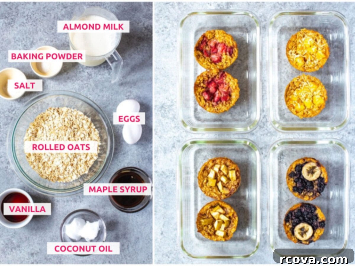 Five Flavor Baked Oatmeal Cups 4 Key ingredients for making wholesome baked oatmeal cups, including rolled oats, almond milk, baking powder, salt, eggs, vanilla extract, coconut oil, and maple syrup, displayed neatly.