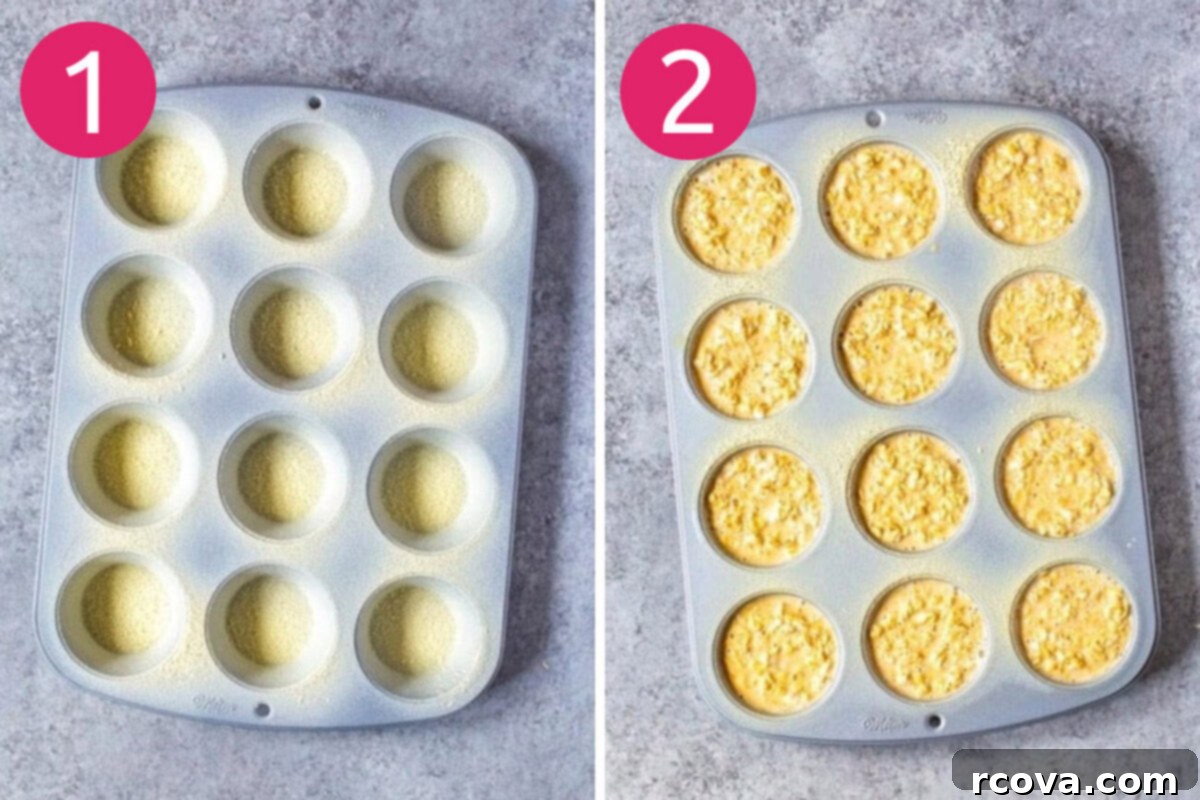 Five Flavor Baked Oatmeal Cups 5 First two steps of baked oatmeal cup preparation: mixing the batter in a bowl and filling greased muffin tins with the oatmeal mixture.