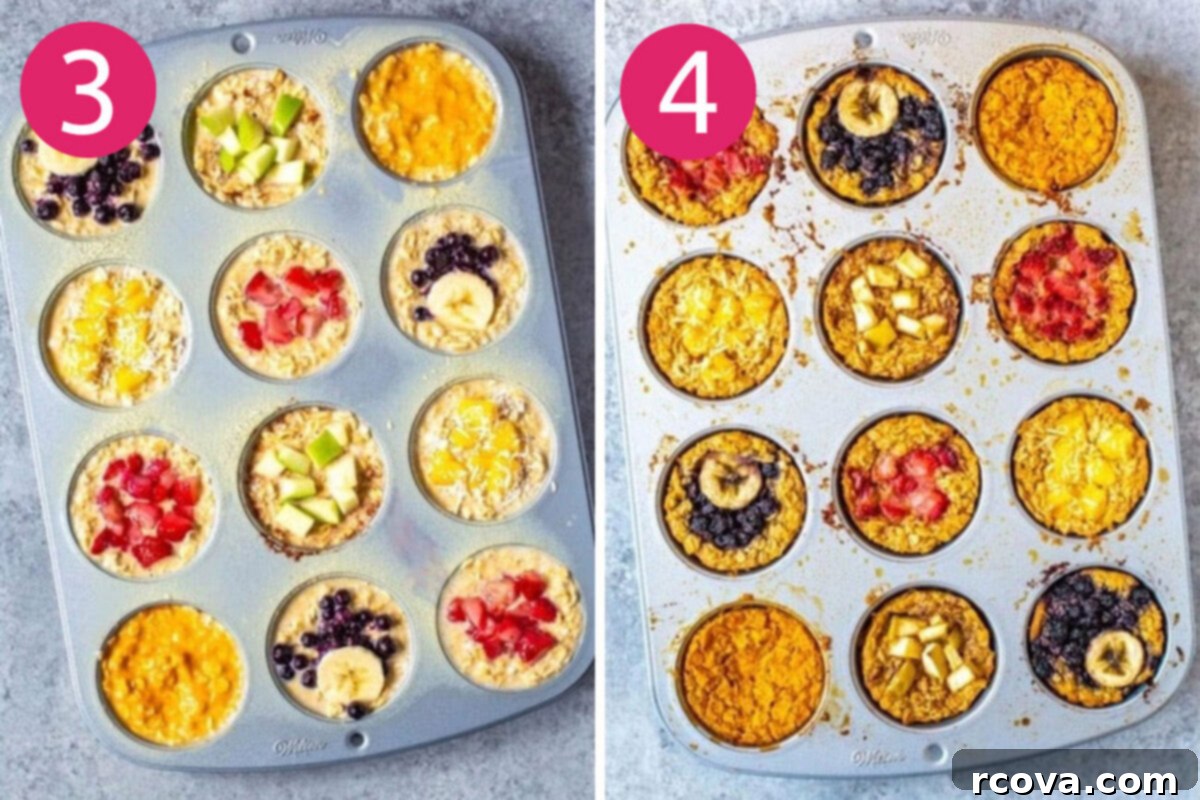 Five Flavor Baked Oatmeal Cups 6 Next two steps for baked oatmeal cups: adding desired toppings to the muffin tin before baking, then the finished baked oatmeal cups.