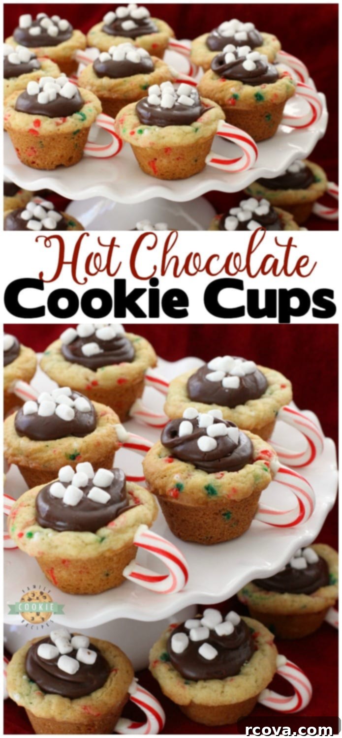 Cozy Hot Chocolate Cookie Cups 5 Hot Chocolate Cookie Cups are festive Christmas cookies! Sugar cookie cups filled with fudge, mini marshmallows & sprinkles. Love the candy cane handle! Hot Chocolate Cookie Cups are sugar cookies perfect for the holidays.  #Christmas #cookies #hotchocolate #fudge #sprinkles #holidays #baking #recipe from FAMILY COOKIE RECIPES
