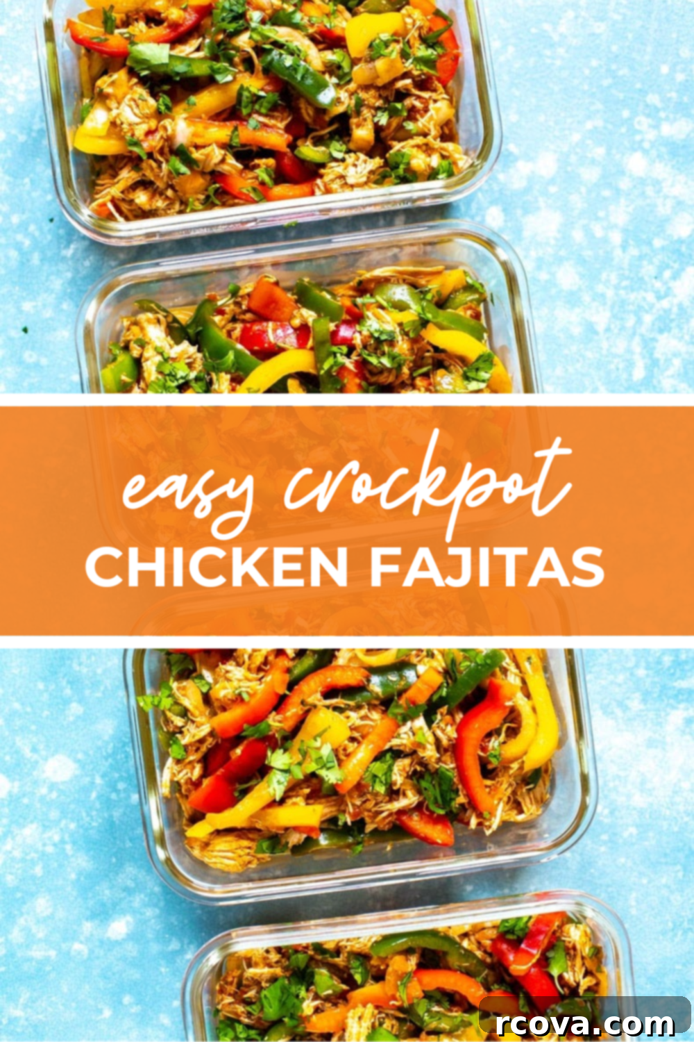 One-Pot Wonder Chicken Fajitas 12 Overhead shot of a plated dish of easy crockpot chicken fajitas with an orange banner in the middle for visual appeal.
