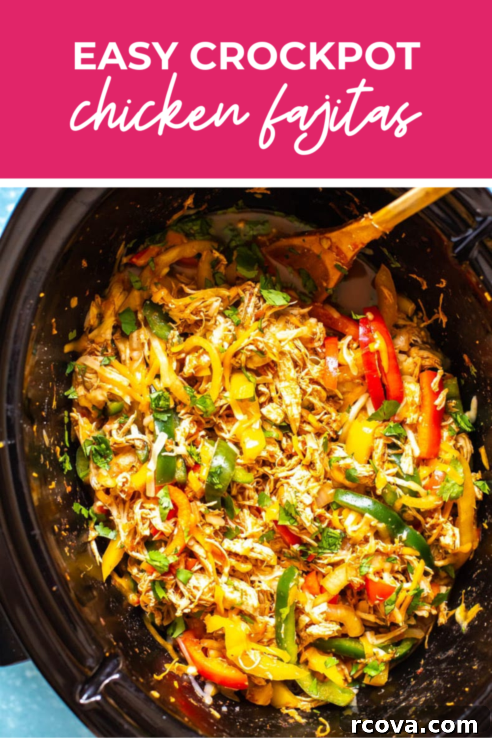 One-Pot Wonder Chicken Fajitas 13 Overhead shot of a plated dish of easy crockpot chicken fajitas with a pink banner on top for a vibrant look.