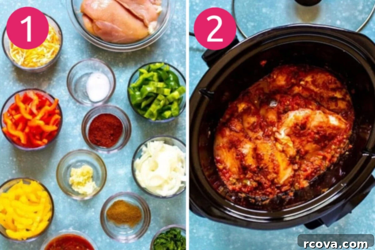 One-Pot Wonder Chicken Fajitas 5 Visual steps 1 and 2 for making crockpot chicken fajitas: prepping ingredients and adding chicken to the slow cooker.