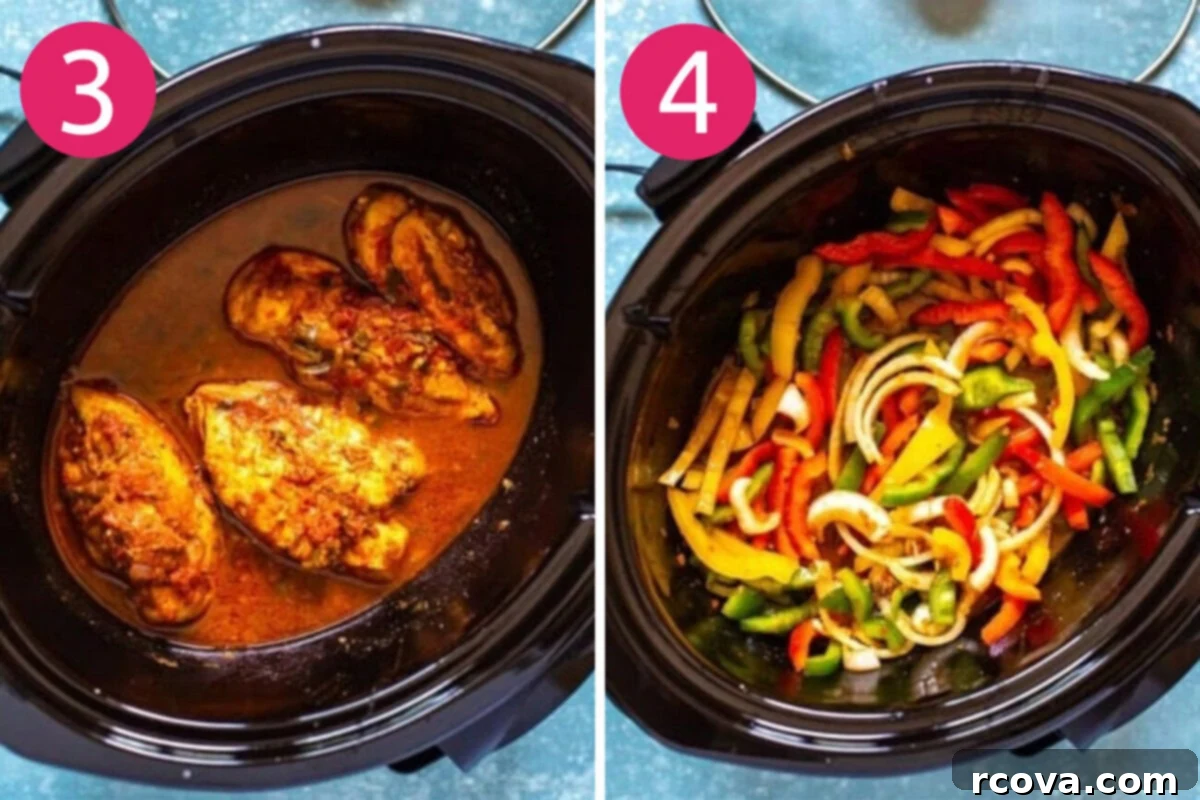 One-Pot Wonder Chicken Fajitas 6 Visual steps 3 and 4 for making crockpot chicken fajitas: chicken cooking in the pot and then adding bell peppers and onions.