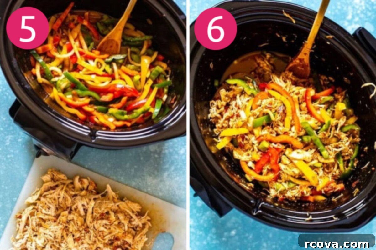 One-Pot Wonder Chicken Fajitas 7 Visual steps 5 and 6 for making crockpot chicken fajitas: shredding cooked chicken and then combining all ingredients for serving.