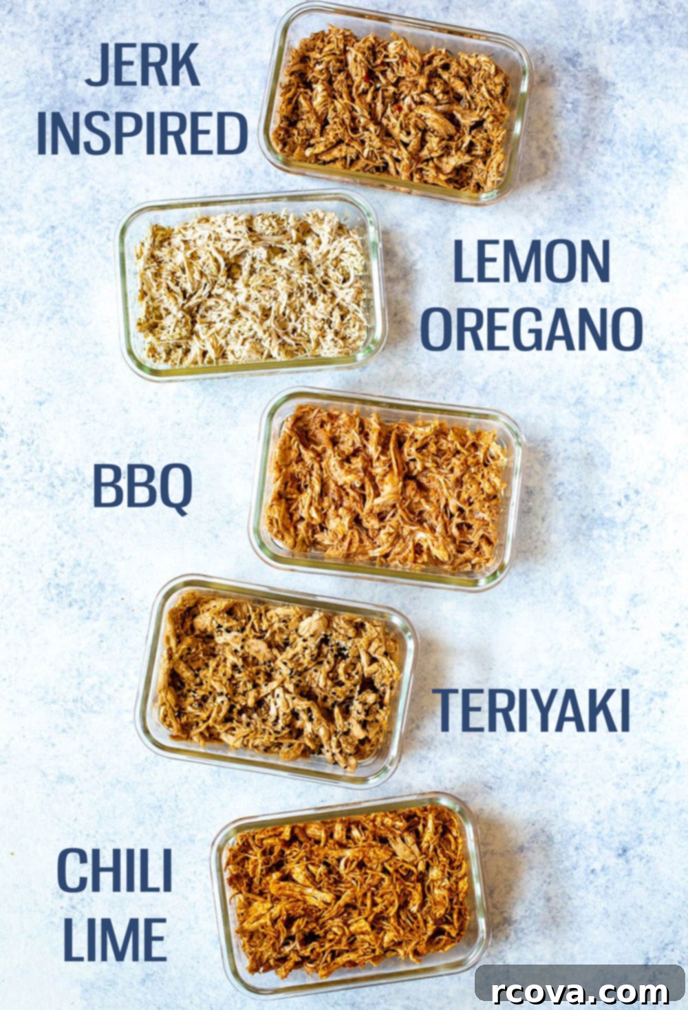 5 Deliciously Simple Shredded Chicken Meals 2 shredded chicken recipes collage with five different flavored chicken bowls