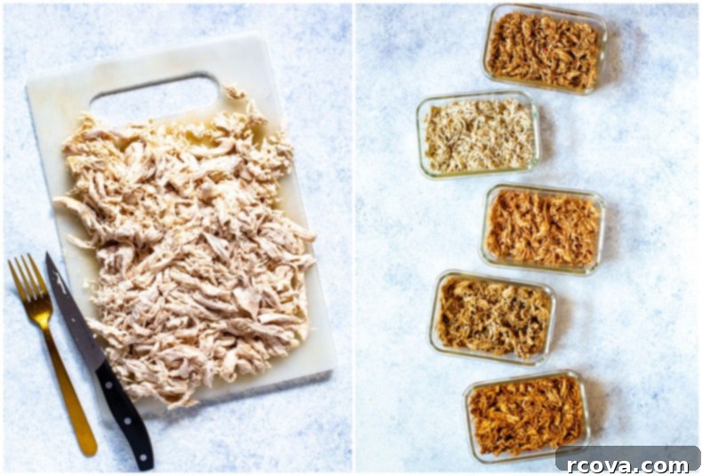 5 Deliciously Simple Shredded Chicken Meals 5 Shredded Chicken Recipes in colorful bowls for meal prep