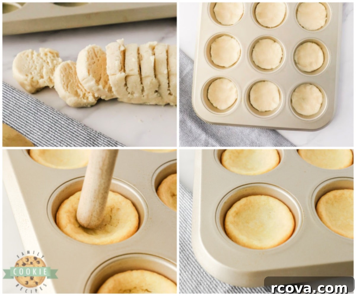 Decadent Twix Cookie Cups 4 Pressing sugar cookie dough into a muffin tin.