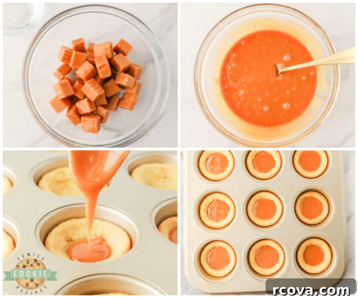 Decadent Twix Cookie Cups 5 Pouring caramel into sugar cookie cups.