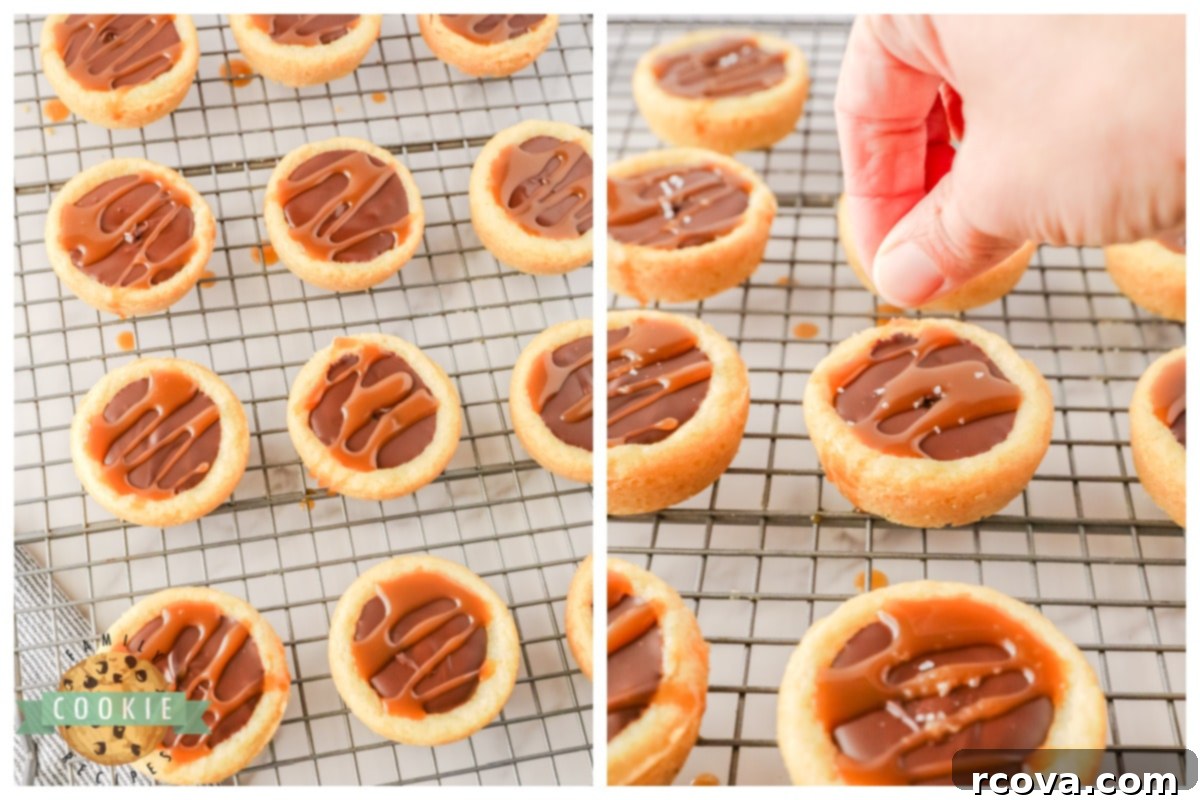 Decadent Twix Cookie Cups 7 Drizzle caramel and sea salt on top of the cookie cups.