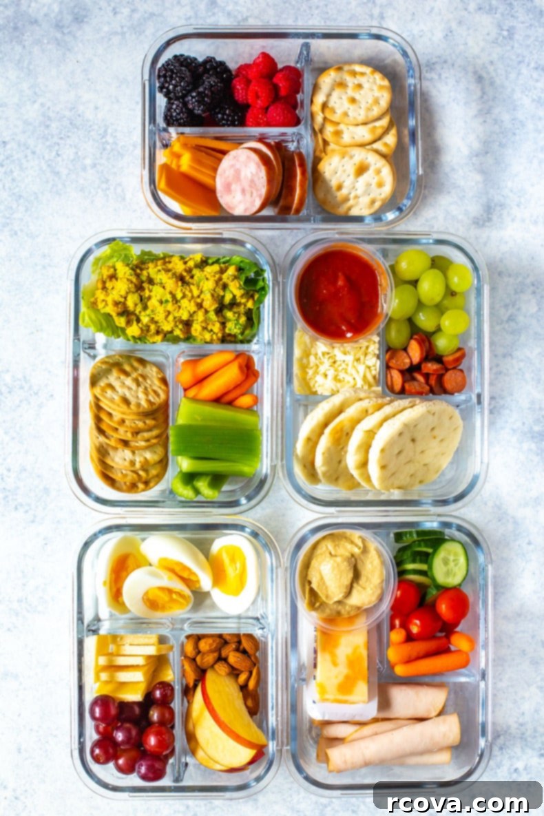 5 No-Fuss Bento Box Lunches 2 Five healthy bento lunch boxes arranged in the center, showcasing a variety of vibrant ingredients.