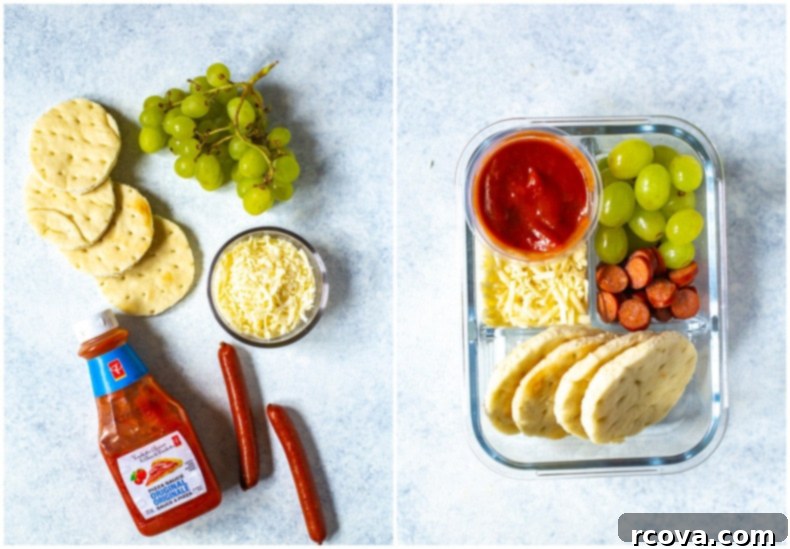 5 No-Fuss Bento Box Lunches 5 Healthy Bento Lunch Box with mini pizzas, vegetables, and fruit.