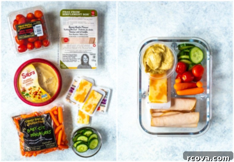 5 No-Fuss Bento Box Lunches 6 Healthy Bento Lunch Box featuring turkey, hummus, cheese, and fresh vegetables.