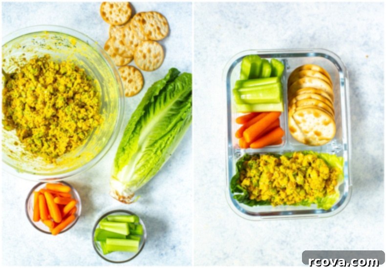 5 No-Fuss Bento Box Lunches 7 Healthy Bento Lunch Box featuring a chickpea salad, vegetables, and crackers.