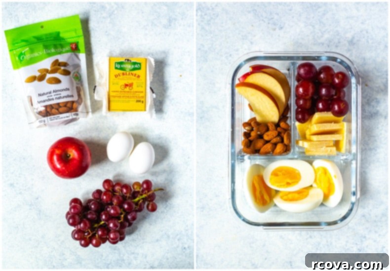5 No-Fuss Bento Box Lunches 8 Healthy Bento Lunch Box with hard-boiled eggs, cheese, almonds, apples, and grapes.