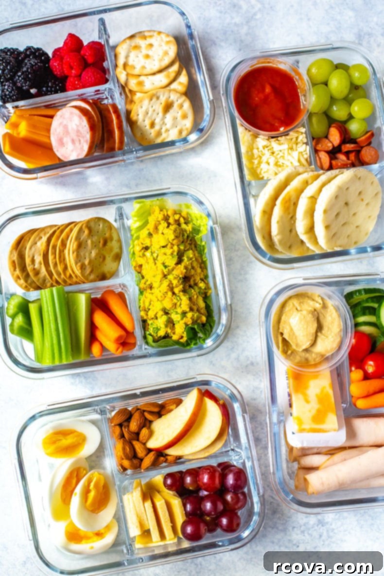 5 No-Fuss Bento Box Lunches 10 Portable lunches with fresh fruit, vegetables, and deli meat, ready for meal prep.