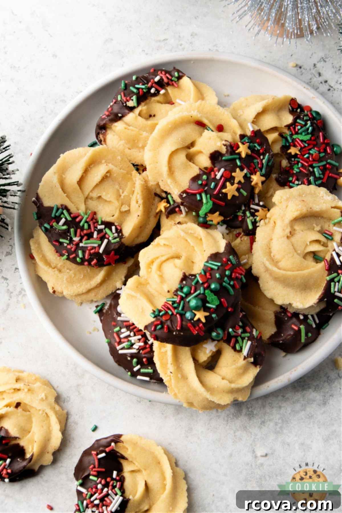 Classic Holiday Butter Cookies 5 Plate of butter cookies with red and green sprinkles.