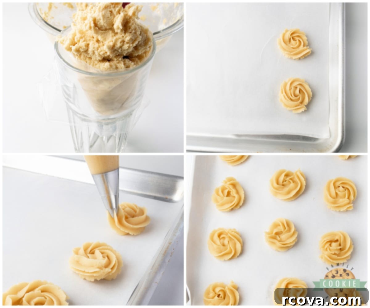 Classic Holiday Butter Cookies 7 Piping butter cookies onto parchment paper.