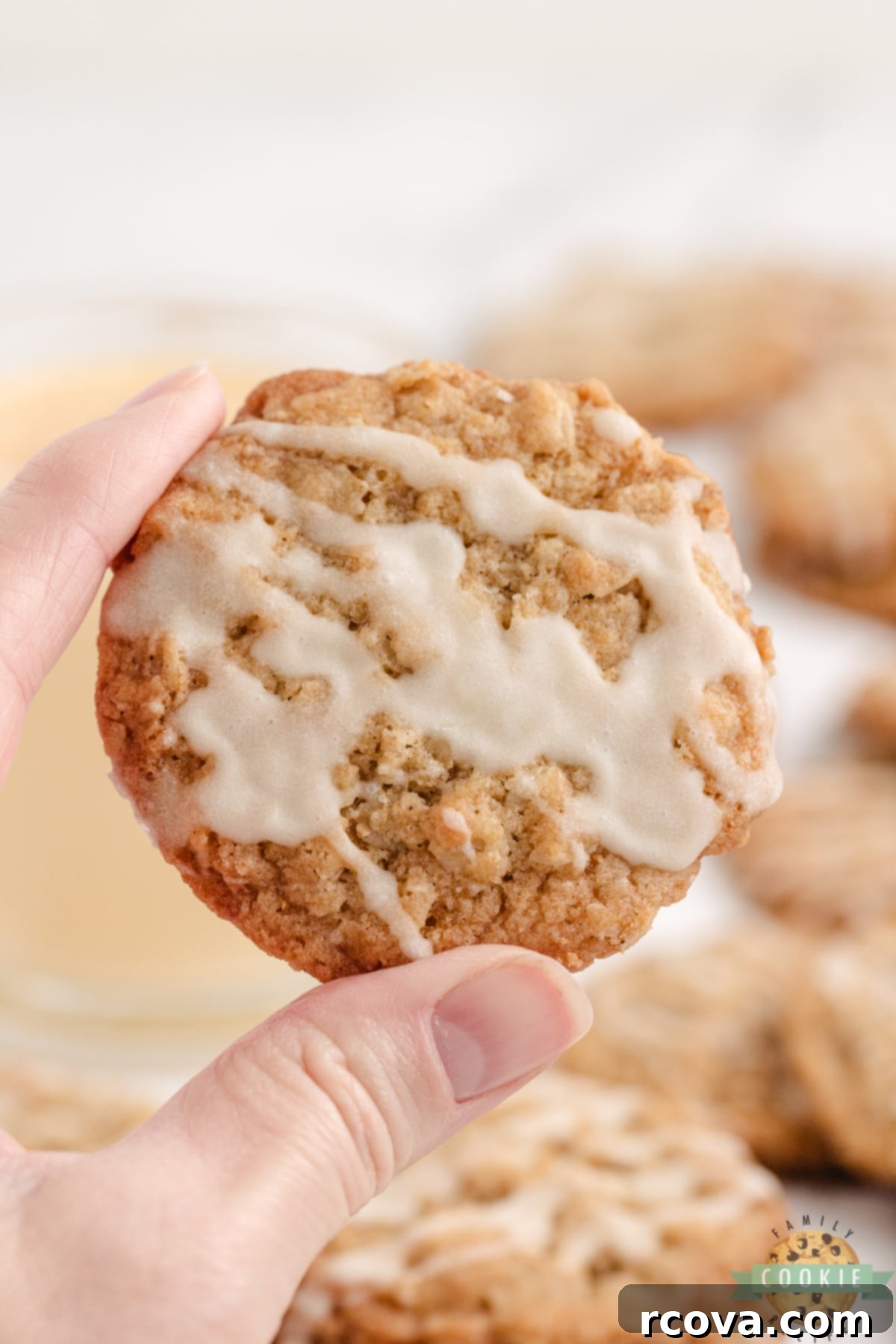 Spiced Eggnog Oatmeal Cookies 13 A single Eggnog Oatmeal Cookie with a perfect drizzle of eggnog glaze, ready to be enjoyed.