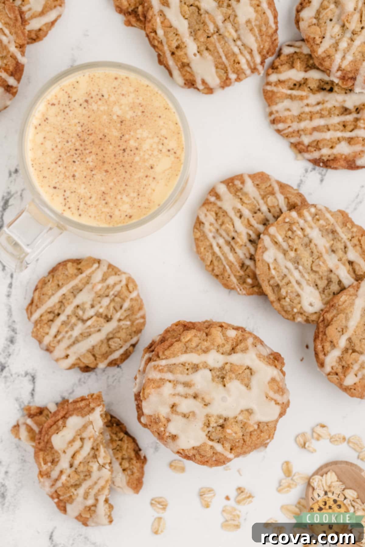 Spiced Eggnog Oatmeal Cookies 14 A festive arrangement of glazed Eggnog Oatmeal Cookies, perfect for holiday entertaining and sweet treats.