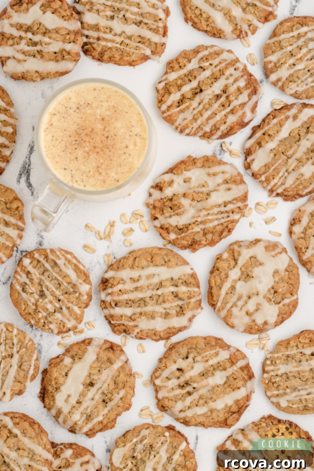 Spiced Eggnog Oatmeal Cookies 3 Close-up of freshly baked oatmeal cookies infused with eggnog flavor, ready for glazing.