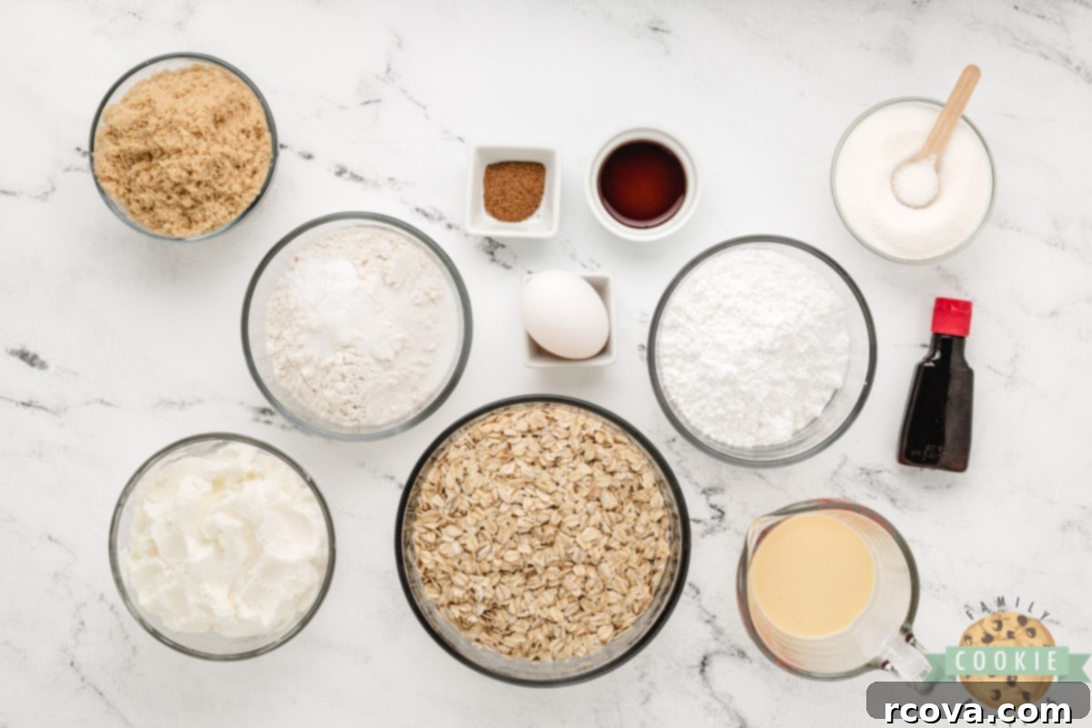 Spiced Eggnog Oatmeal Cookies 4 A selection of key ingredients laid out for baking Eggnog Oatmeal Cookies: sugars, shortening, egg, eggnog, extracts, spices, and oats.